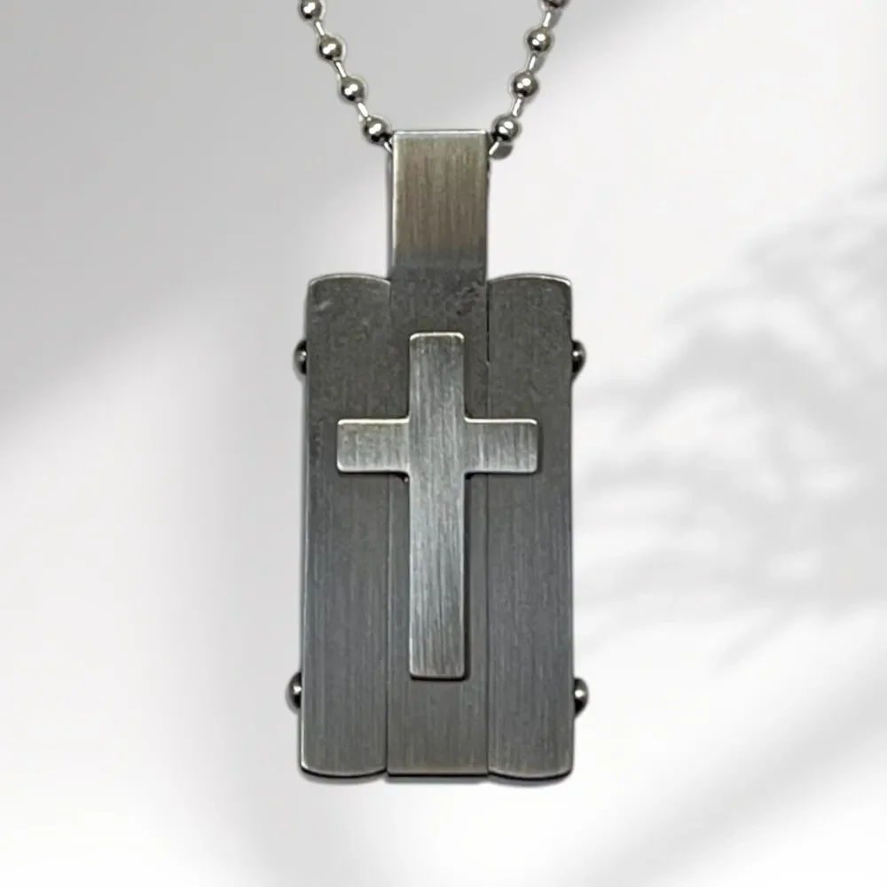 Mens Cross Necklace Dog Tag Chain Gunmetal Stainless Steel Christian Religious